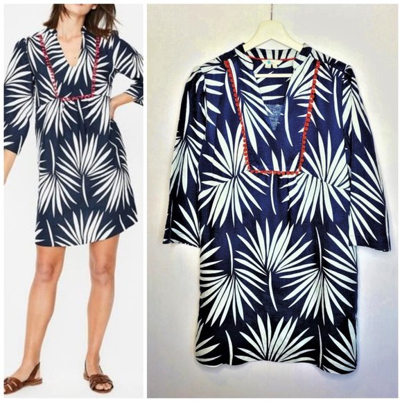 BODEN Navy Palm Print Linen Tunic Mini Dress 10L - Picture 1 of 8